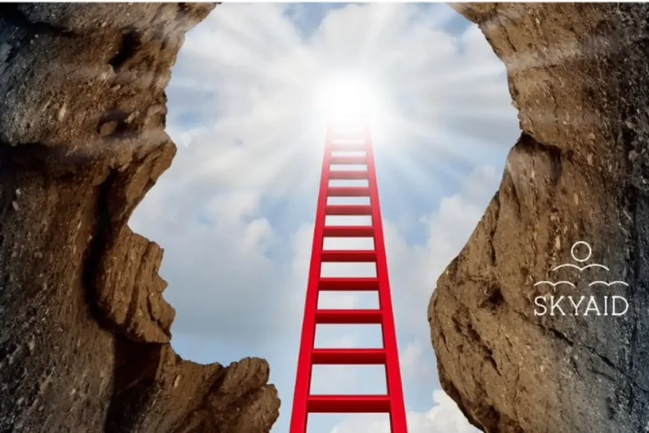 Escalera roja ascendiendo hacia una luz brillante entre paredes rocosas, símbolo del impulso interior hacia una transformación luminosa