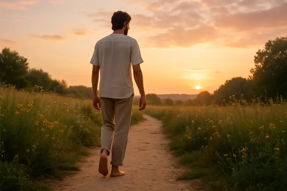 Hombre caminando descalzo al amanecer por un sendero natural, representando la libertad interior espiritual.