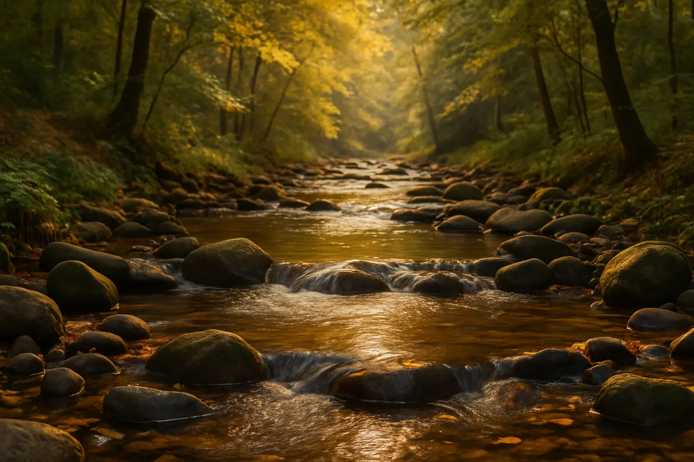 Arroyo fluyendo entre piedras al atardecer en bosque sereno, símbolo de confiar en el plan del alma.