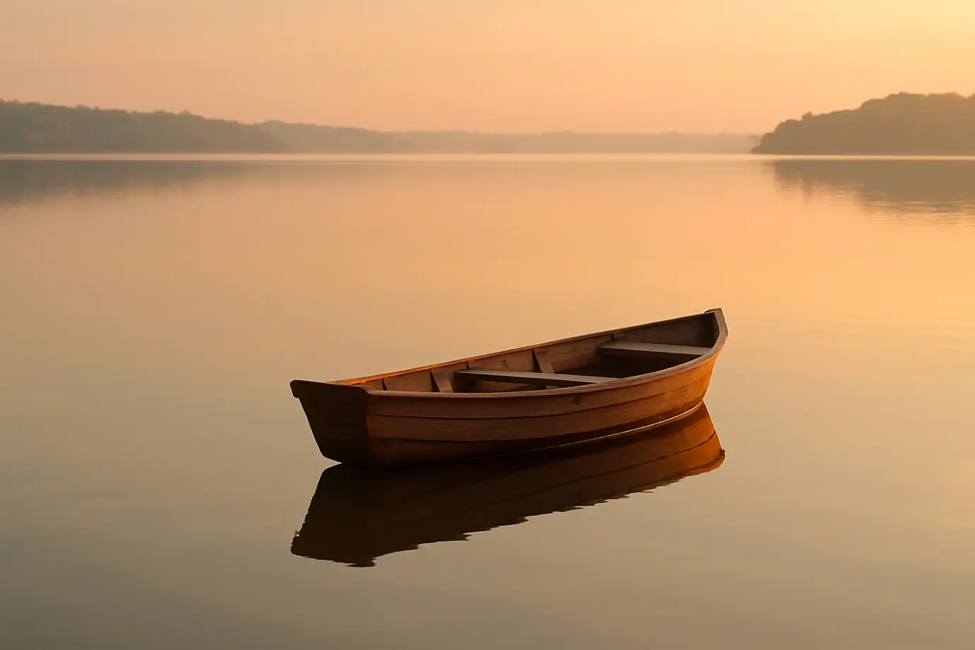 Barca de madera vacía sobre lago sereno con reflejos dorados en plena quietud.