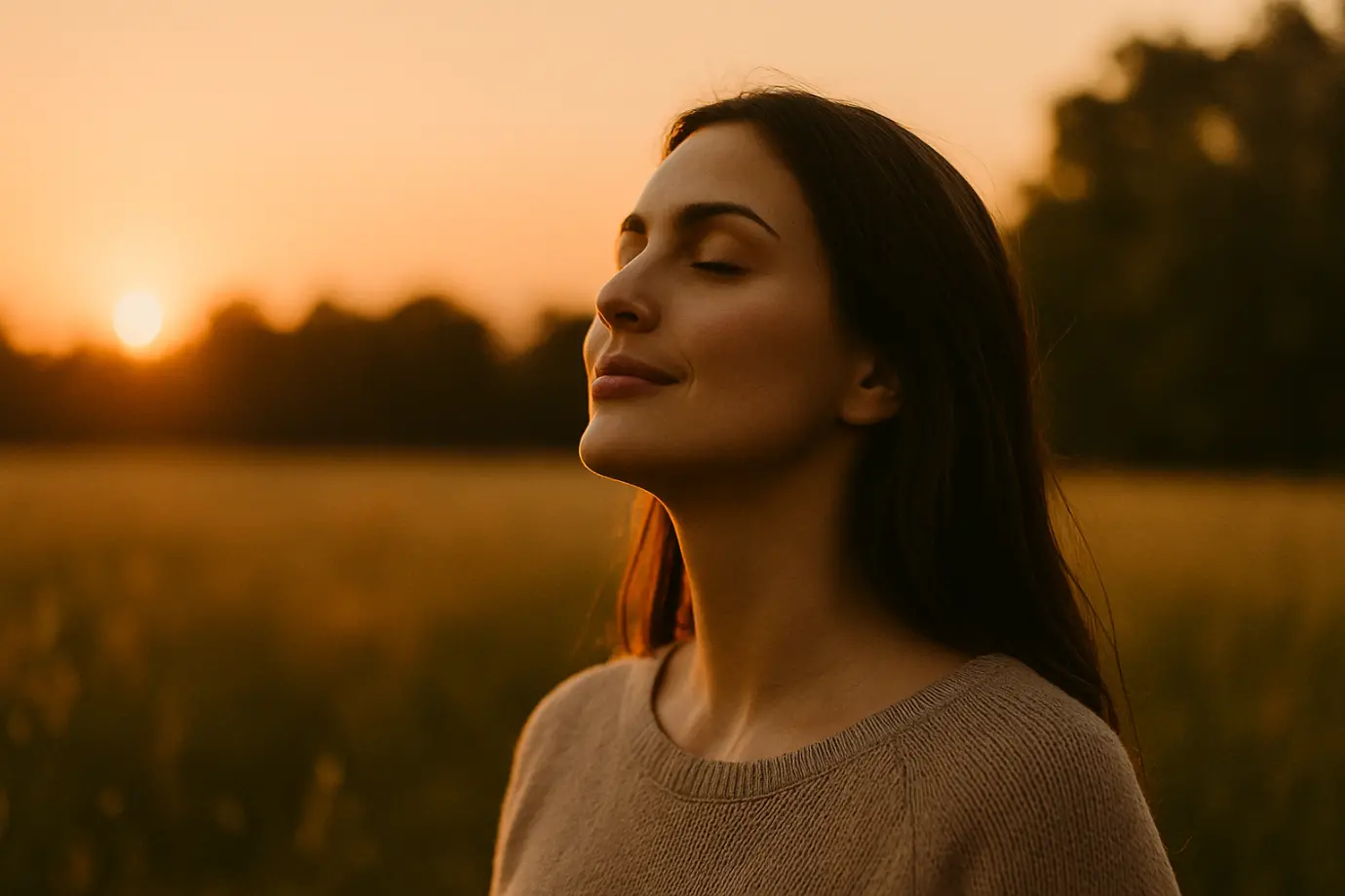 Mujer con los ojos cerrados al atardecer en un campo dorado, en estado de quietud y escucha.