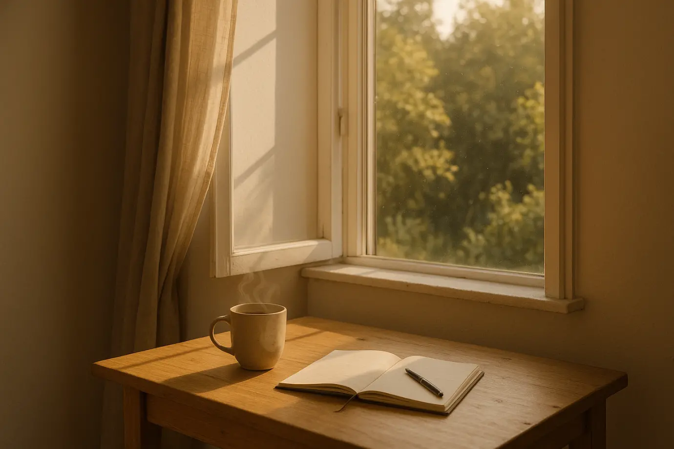 Espacio interior iluminado por luz dorada, con una taza y un cuaderno sobre la mesa, símbolo de confiar en el plan del alma.