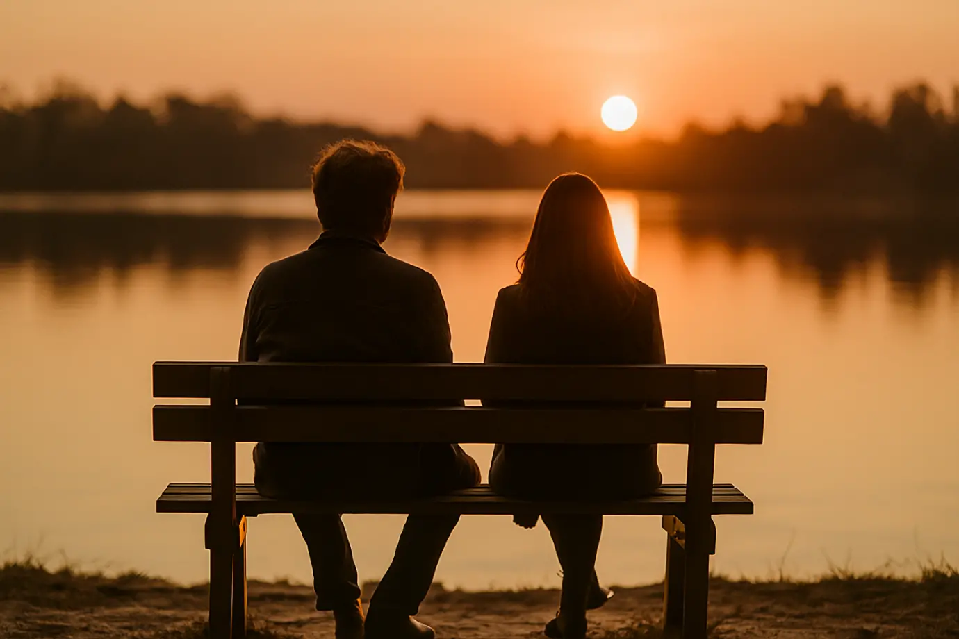 Dos personas sentadas al atardecer junto a un lago, reflejo de confiar en el plan del alma desde la relación.