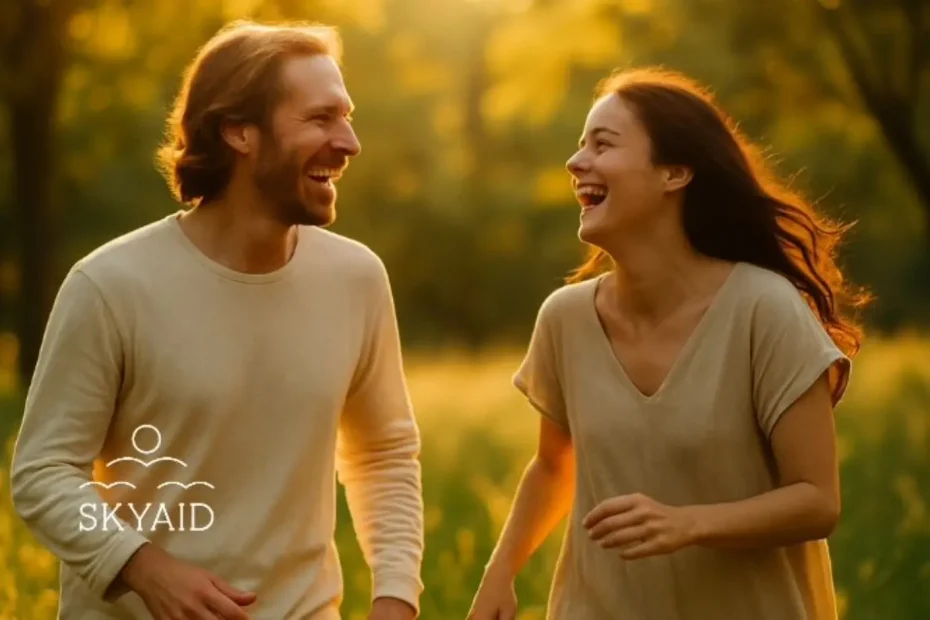 Pareja riendo al aire libre representa el disfrute como camino hacia el alma gemela
