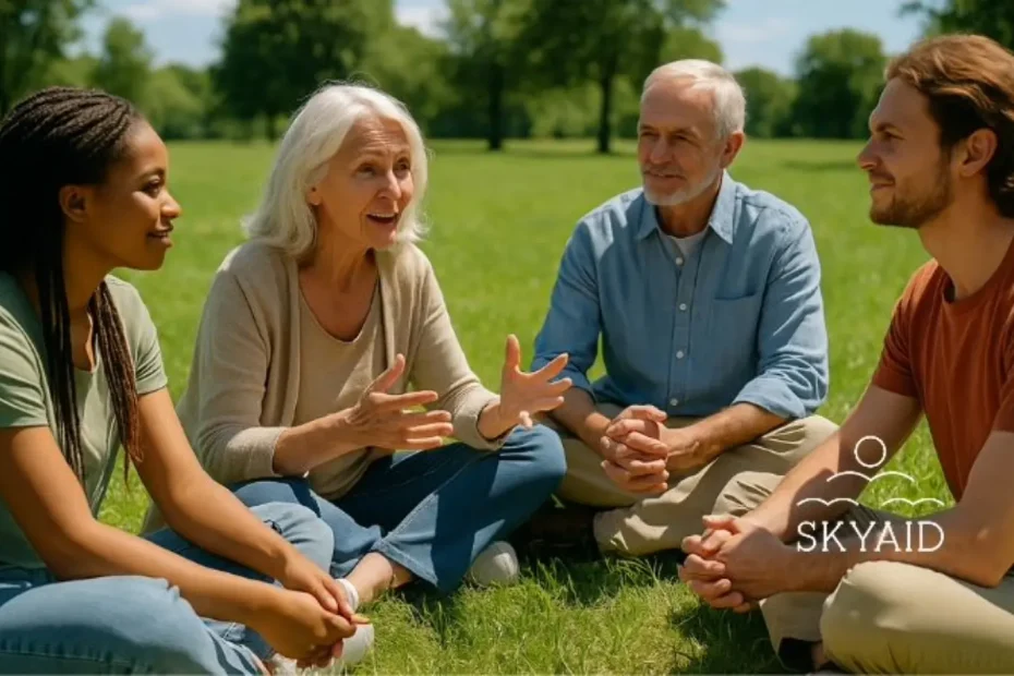 Grupo de personas compartiendo en círculo al aire libre, representando la enseñanza espiritual desde la intención