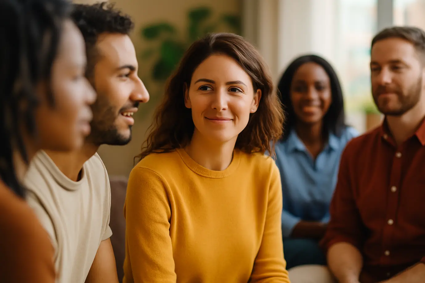 Grupo de personas conversando mientras una persona observa en silencio con serenidad y presencia plena.
