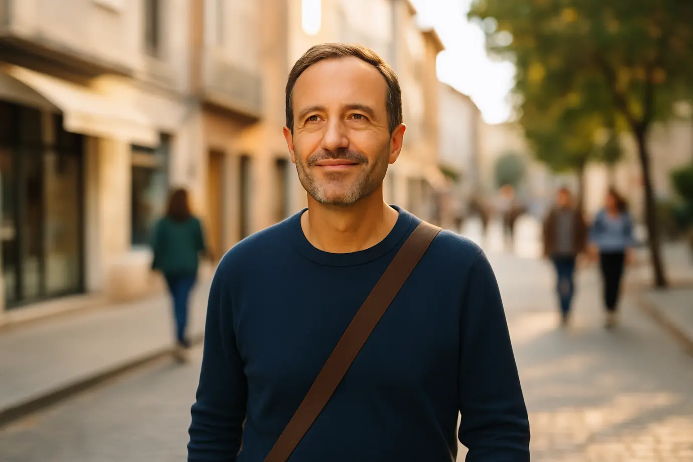 Hombre caminando con expresión serena y alegre en una calle iluminada por la tarde.