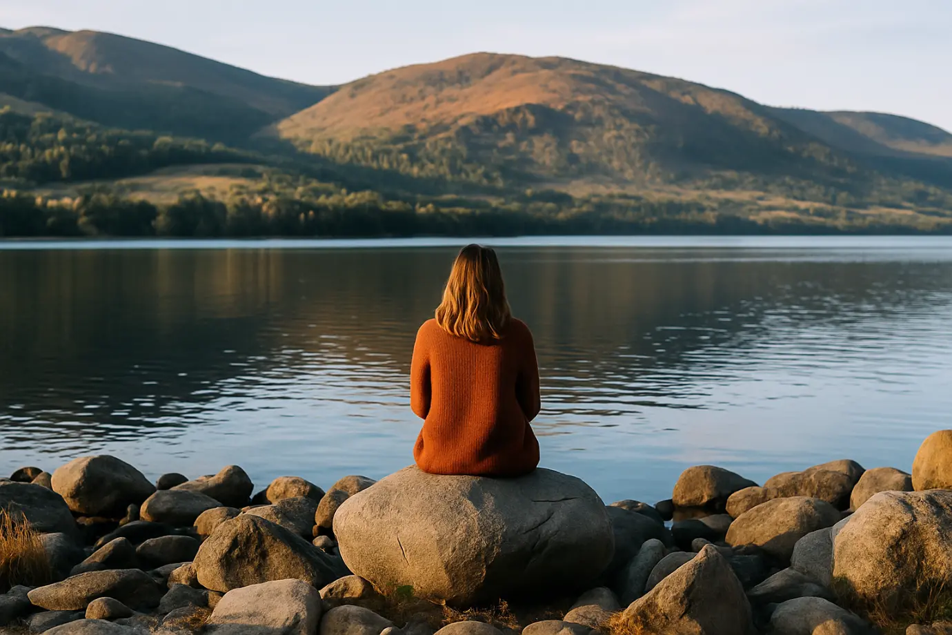 Mujer sentada frente a un lago en calma al atardecer, representando la práctica de vivir desde la entrega.
