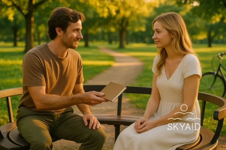 Pareja sentada en un parque compartiendo un cuaderno, símbolo de renovar la relación de pareja desde lo esencial