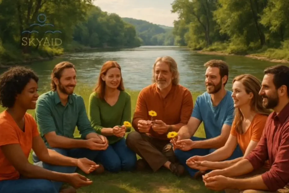 Grupo diverso reunido en círculo al aire libre simbolizando equidad celestial y compromiso colectivo en armonía con la naturaleza.