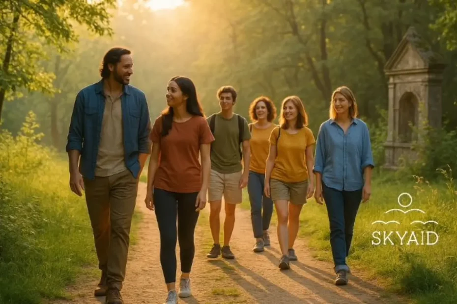 Grupo caminando con guía en un entorno natural, símbolo de turismo consciente y espiritualidad