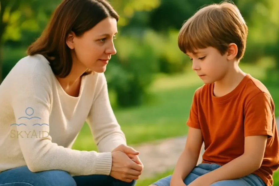 Madre escucha con ternura a su hijo en un jardín, representando el acto de educar sin generar autocastigo