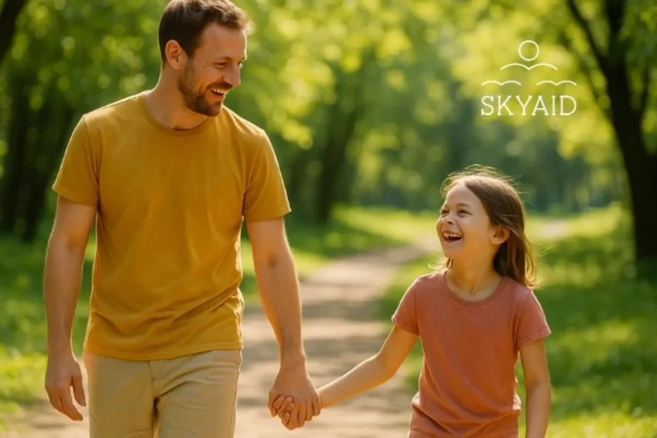 Fuerza vital en la relación con los hijos en un paseo luminoso que irradia calma y alegría compartida.