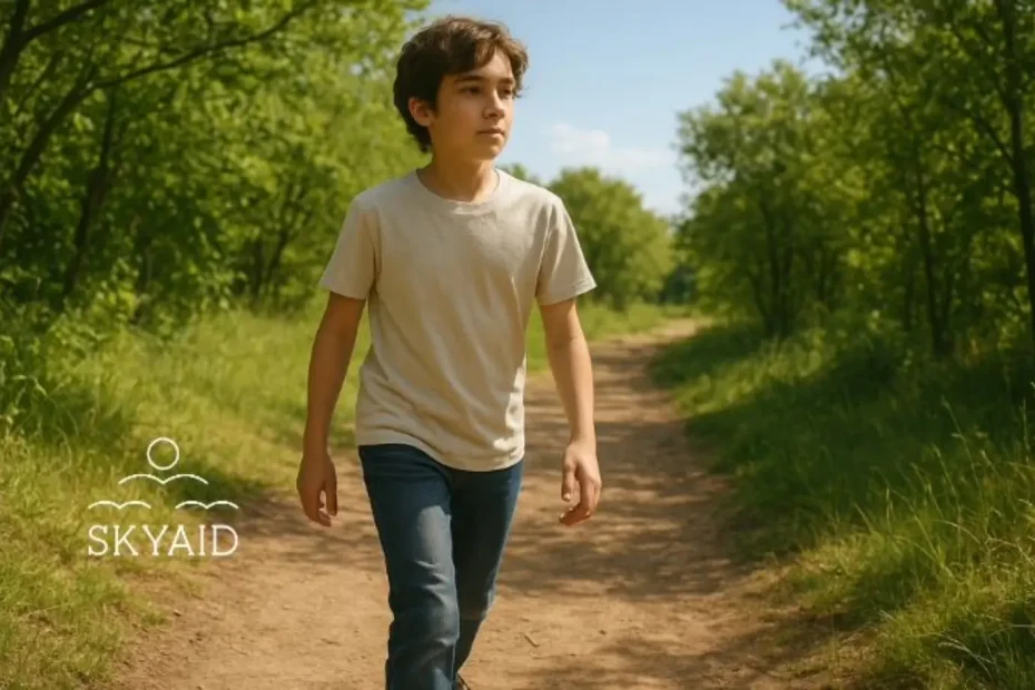 niño caminando por un sendero verde para enseñar a desarrollar confianza en uno mismo con actitud decidida y entorno natural iluminado por el sol