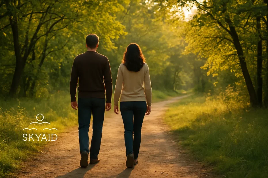 pareja caminando por un sendero natural al atardecer simbolizando la justa distancia en el amor