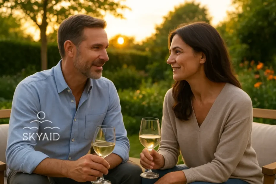 pareja en un jardín elegante al atardecer conversando con serenidad que refleja la unidad de corazón en la relación de pareja