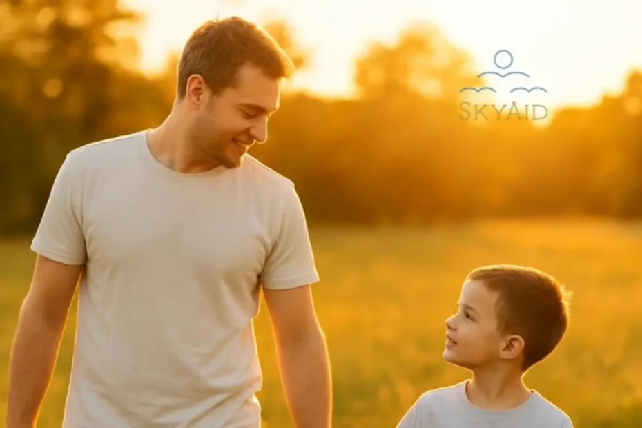 Padre e hijo caminando en un campo al atardecer para ilustrar la idea de verse reflejado en los hijos