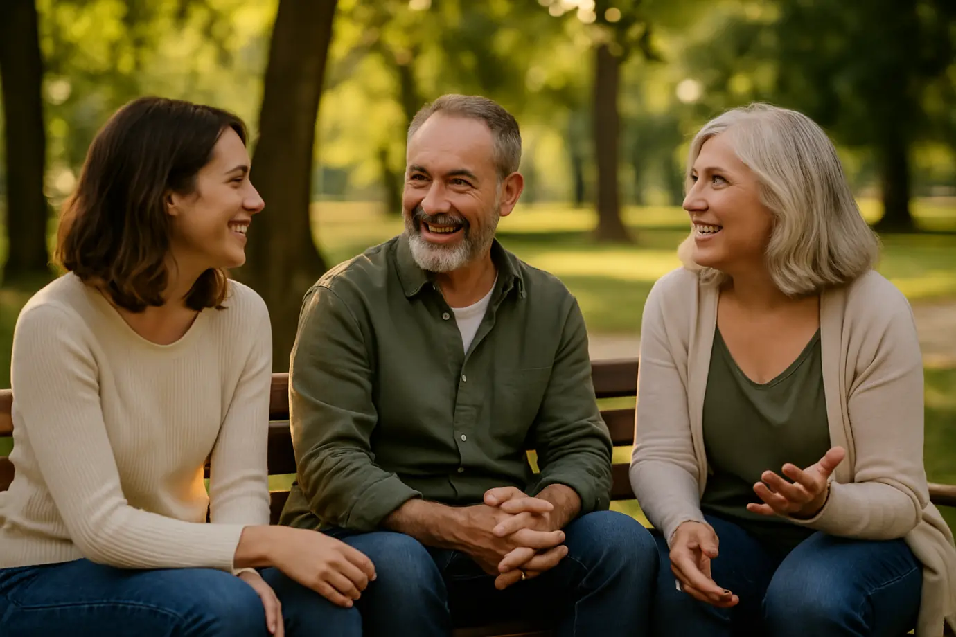 Tres personas adultas conversando con naturalidad en un banco de parque representando belleza y grandeza como presencia espiritual