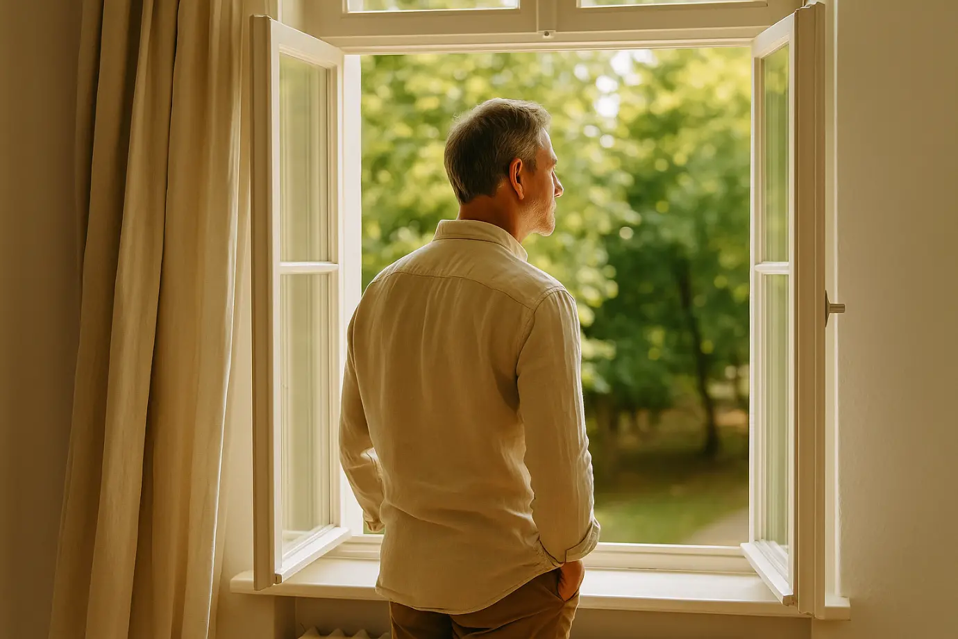 Hombre de mediana edad contemplando la naturaleza desde una ventana abierta en actitud reflexiva