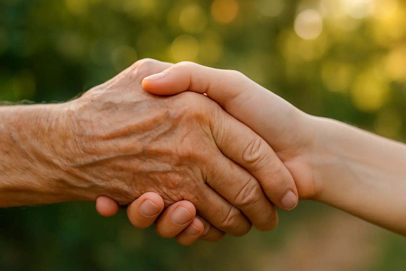 Dos manos entrelazadas de distintas generaciones en primer plano con fondo natural en tonos verdes y dorados
