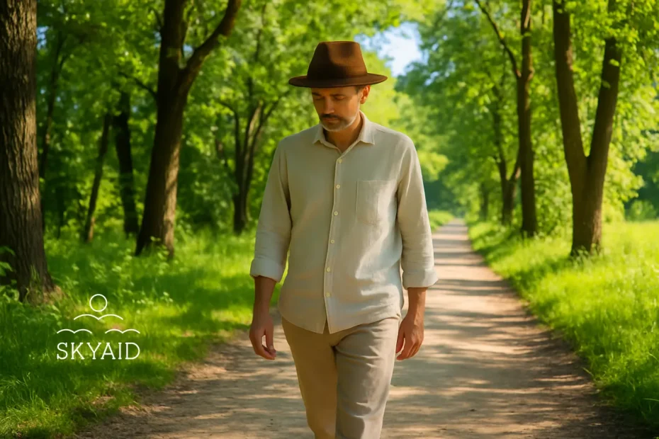 Hombre de mediana edad caminando en un sendero natural con sombrero, representando belleza y grandeza como presencia espiritual.