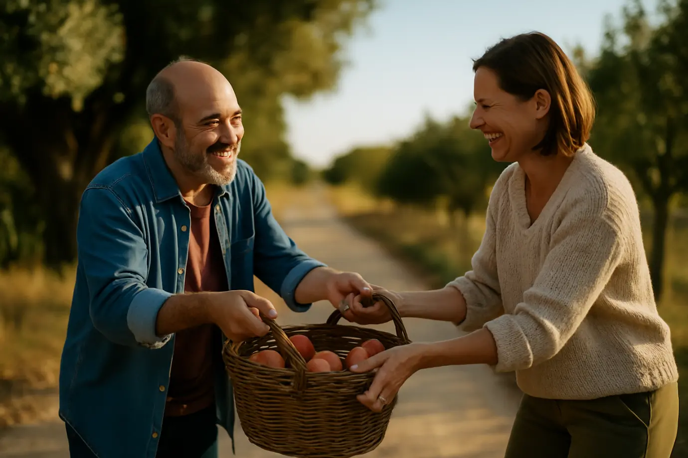 Dos personas sonrientes ayudándose a cargar una cesta de frutas en un camino rural iluminado por el sol