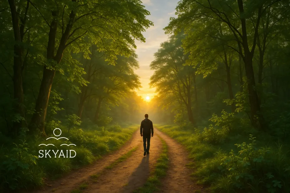 Camino natural iluminado al amanecer con una persona caminando con serenidad, simbolizando el juego espiritual de la certeza y la decisión interior que disuelve las dudas.