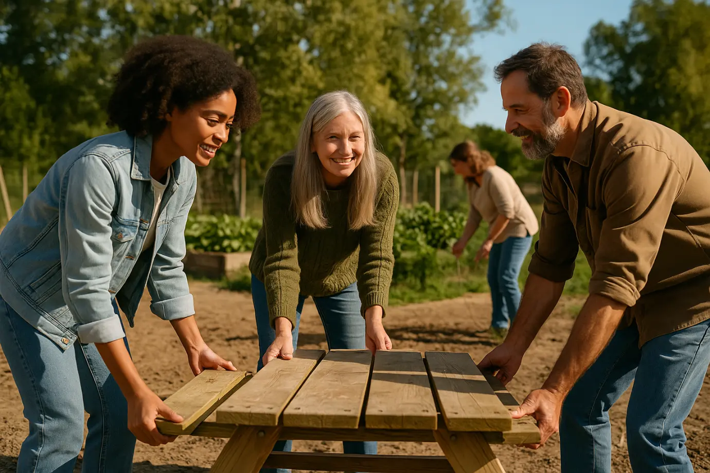 Grupo de personas colaborando en un huerto y moviendo una mesa de madera al aire libre en un día soleado