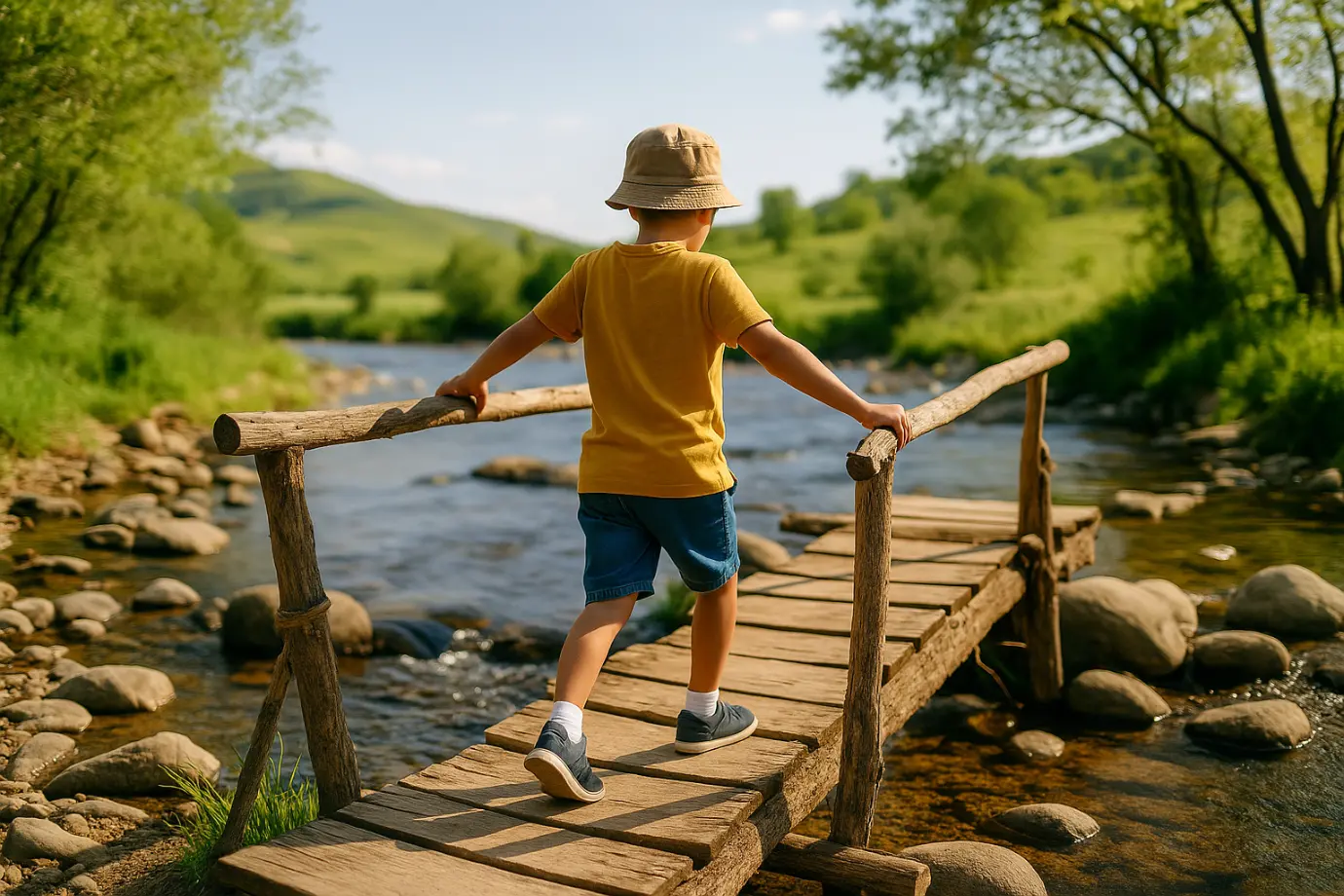 Figura infantil cruzando un puente endeble sobre un río en un día soleado, simbolizando el juego espiritual de la certeza y la confianza interior