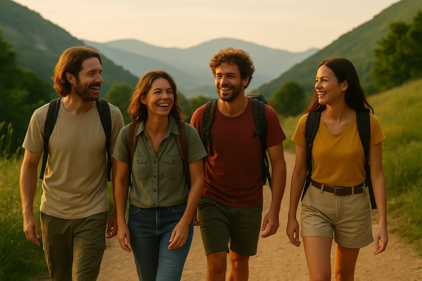 Grupo de amigos caminando juntos por un sendero de montaña al atardecer, con mochilas ligeras y sonrisas, disfrutando de la naturaleza con espontaneidad.