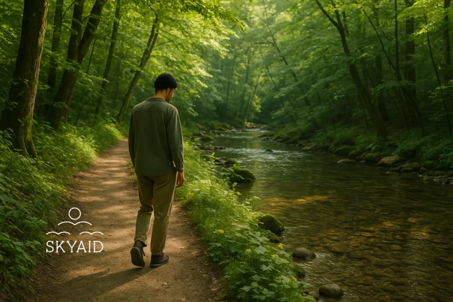Hombre caminando en calma junto a un río en el bosque, simbolizando serenidad y frases espirituales de paz interior.