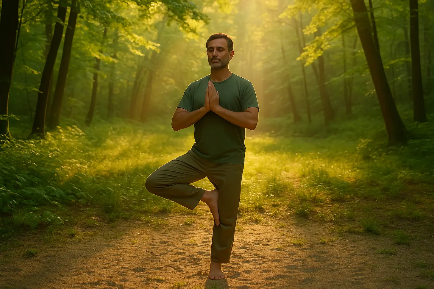 Hombre de mediana edad practicando postura de yoga en un claro del bosque al amanecer, en equilibrio y contemplación serena.