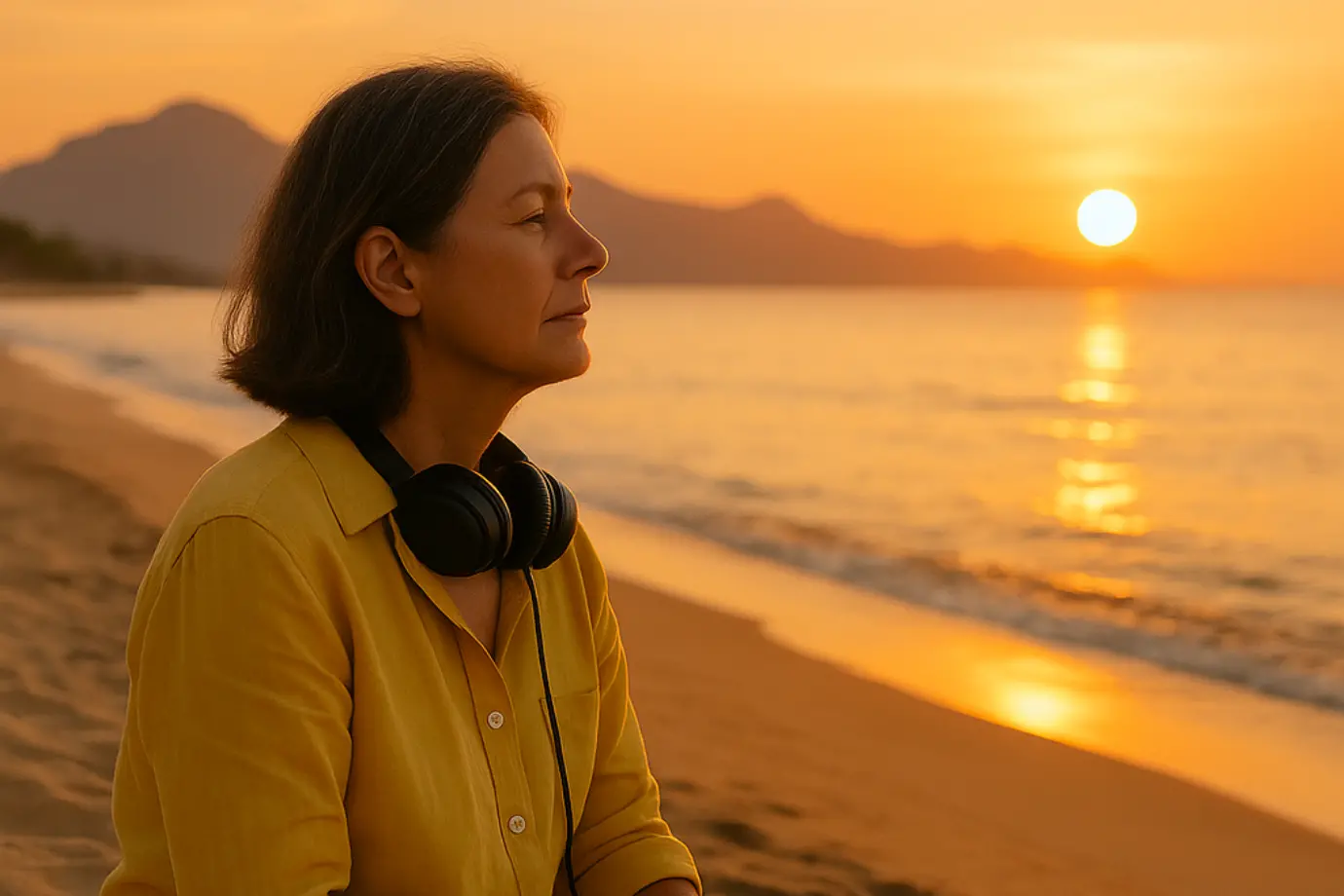 Mujer madura sentada en la arena de la playa al atardecer, con libreta y cascos en el cuello, en actitud de contemplación serena.