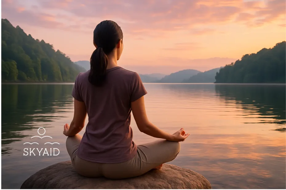Mujer meditando frente a un lago al atardecer representando frases de estabilidad emocional y paz interior