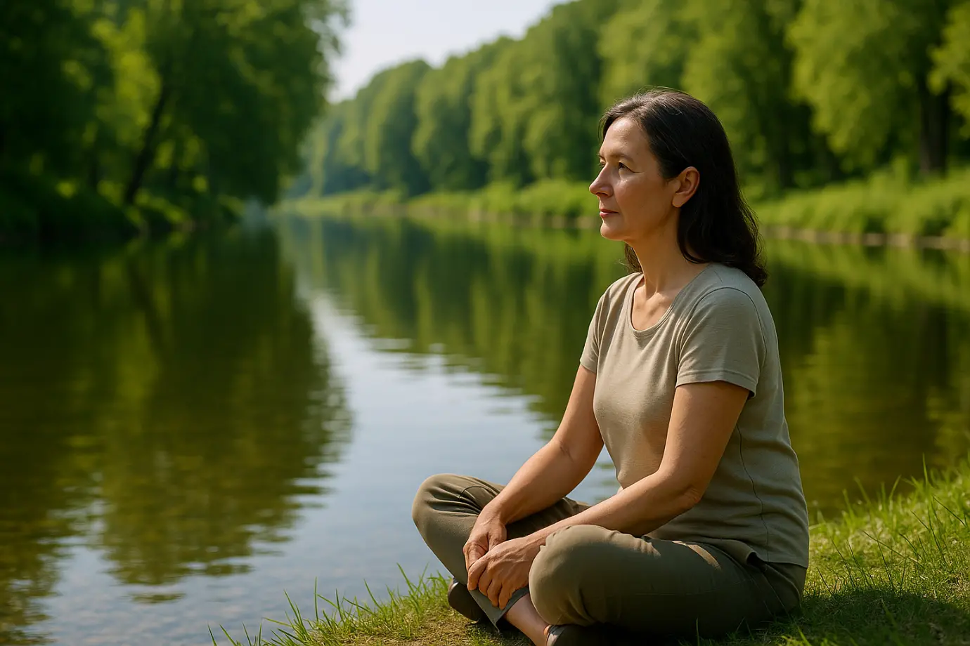 Mujer adulta sentada junto a un río en calma contemplando el horizonte en actitud serena