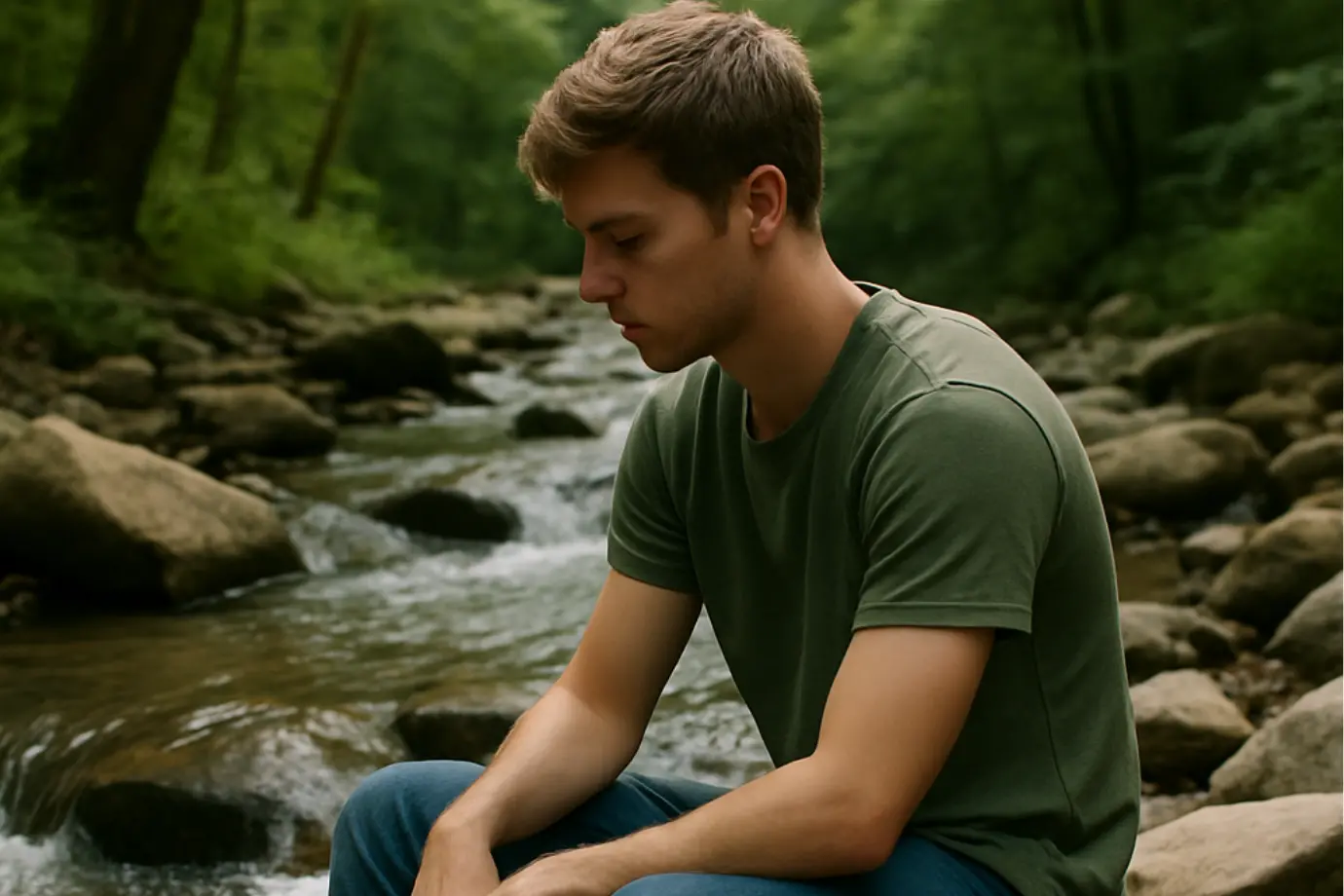 Joven en actitud contemplativa sentado sobre piedras en un arroyo rodeado de naturaleza