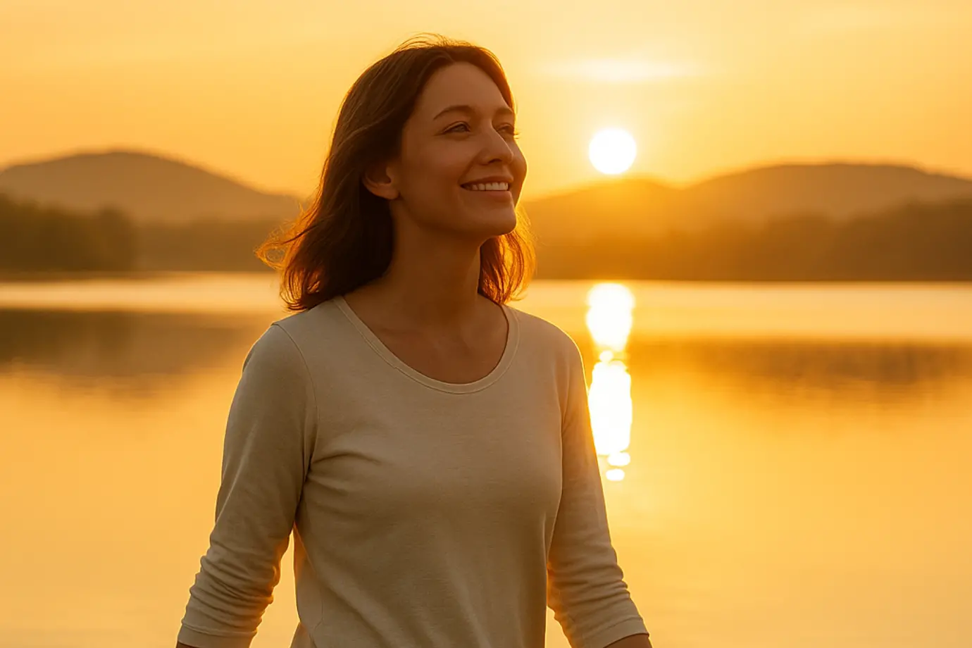 Mujer joven caminando junto a un lago al amanecer con expresión serena