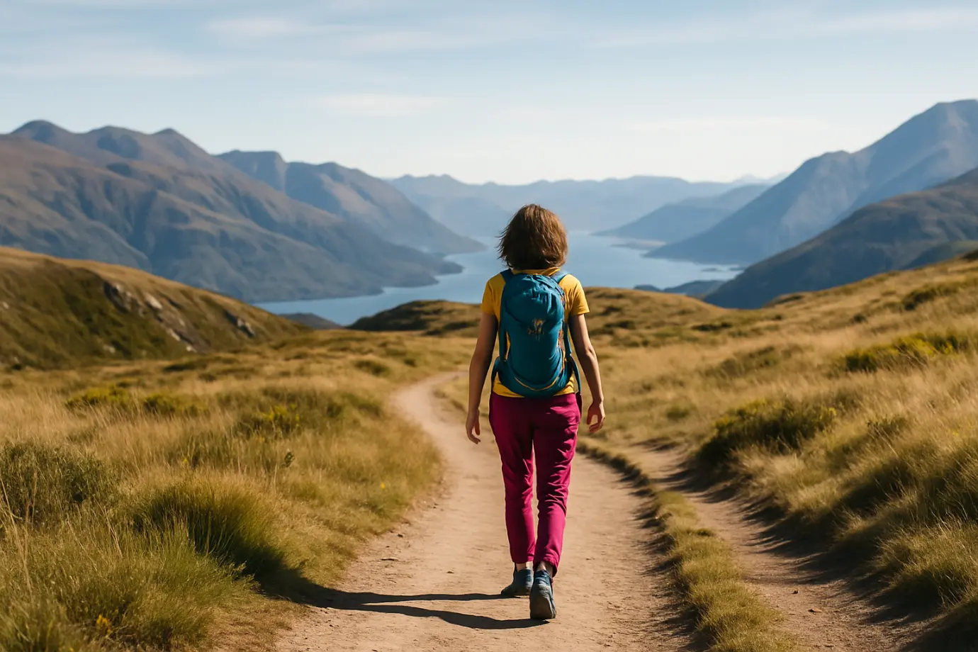 Mujer con ropa de senderismo colorida caminando por un sendero de montaña abierto, representando avance sereno y determinación tras decisiones interiores