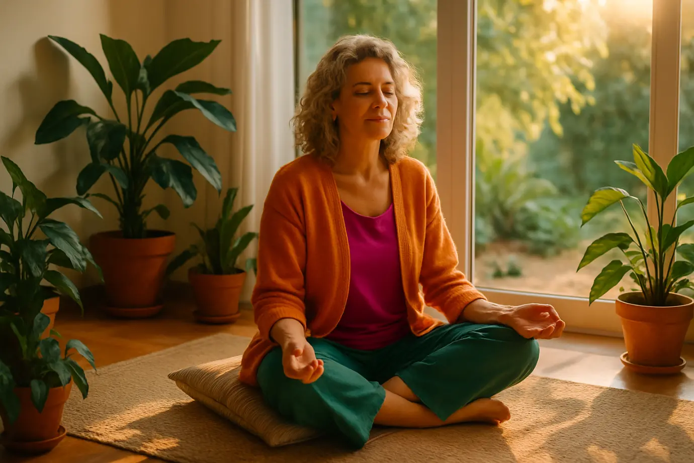 Mujer madura meditando sobre almohadones en un interior luminoso con plantas y ventana abierta a la naturaleza, representando serenidad y conexión interior