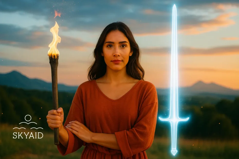 Mujer joven con antorcha y espada etérea en paisaje natural representando el poder en la mujer