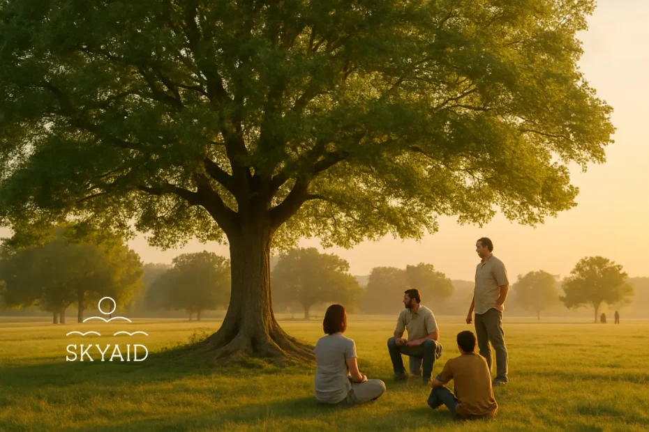 Escena realista al amanecer con árbol frondoso y personas compartiendo en calma, símbolo de presencia serena que da confianza.