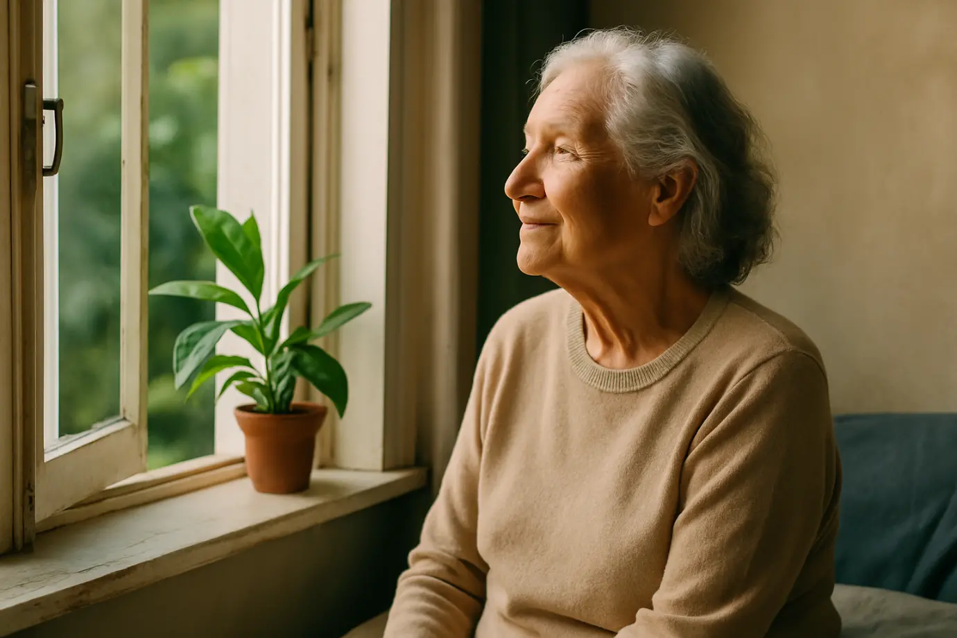 Mujer mayor en calma mirando hacia afuera junto a ventana con planta verde, símbolo de una presencia serena que da confianza