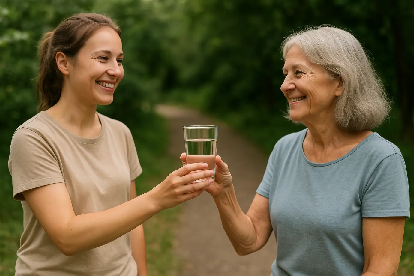 Dos mujeres sonríen mientras una entrega un vaso de agua a la otra en un entorno natural con luz clara