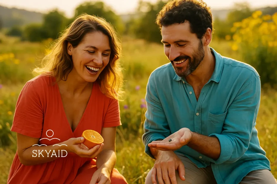 pareja disfrutando del presente con alegría consciente y placer de existir en el camino espiritual al aire libre