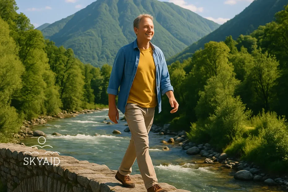 Hombre caminando con serenidad sobre un puente de piedra sobre un río de montaña en un entorno natural, símbolo del ciclo del servicio espiritual