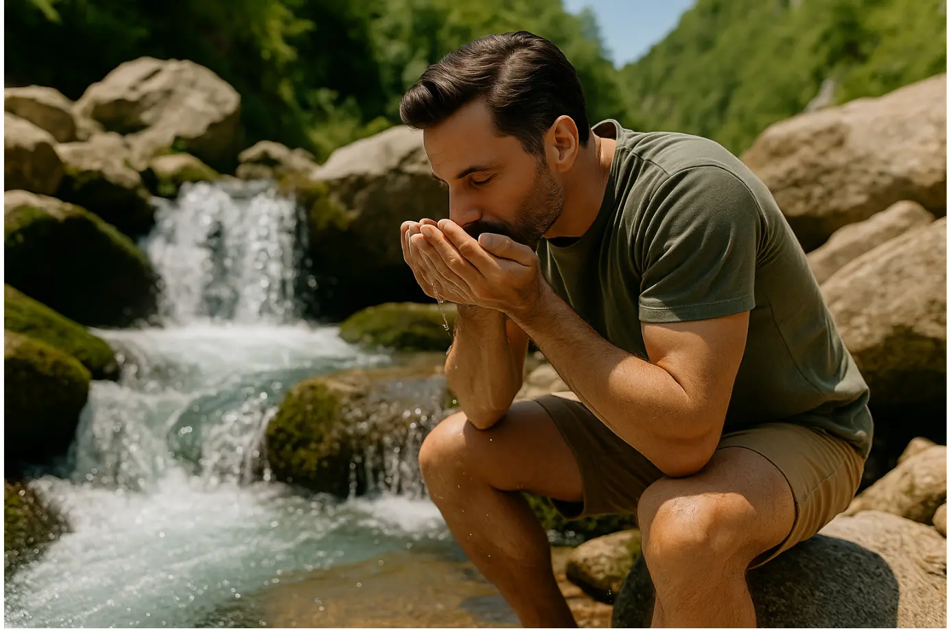 Persona recogiendo agua con las manos en una cascada de montaña que representa purificación, descanso y renovación interior
