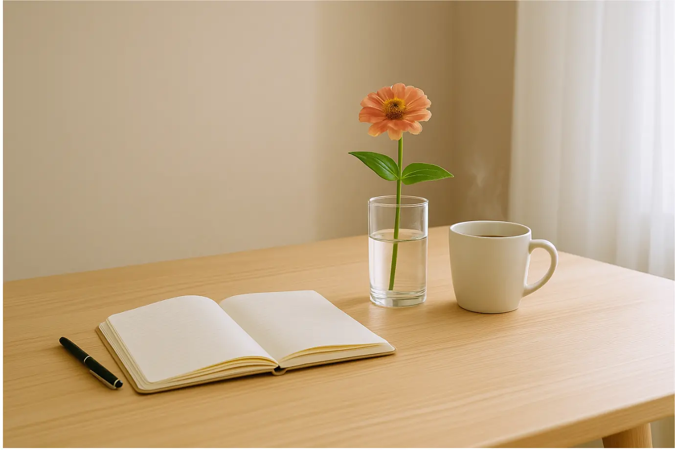 Mesa minimalista con cuaderno abierto, taza humeante y flor fresca iluminada por luz natural que representa orden, ligereza y frescura renovada
