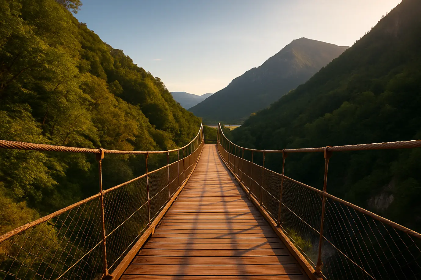 Puente colgante de madera sobre un valle montañoso iluminado por luz cálida, símbolo de soltar y confiar en el ciclo del servicio espiritual