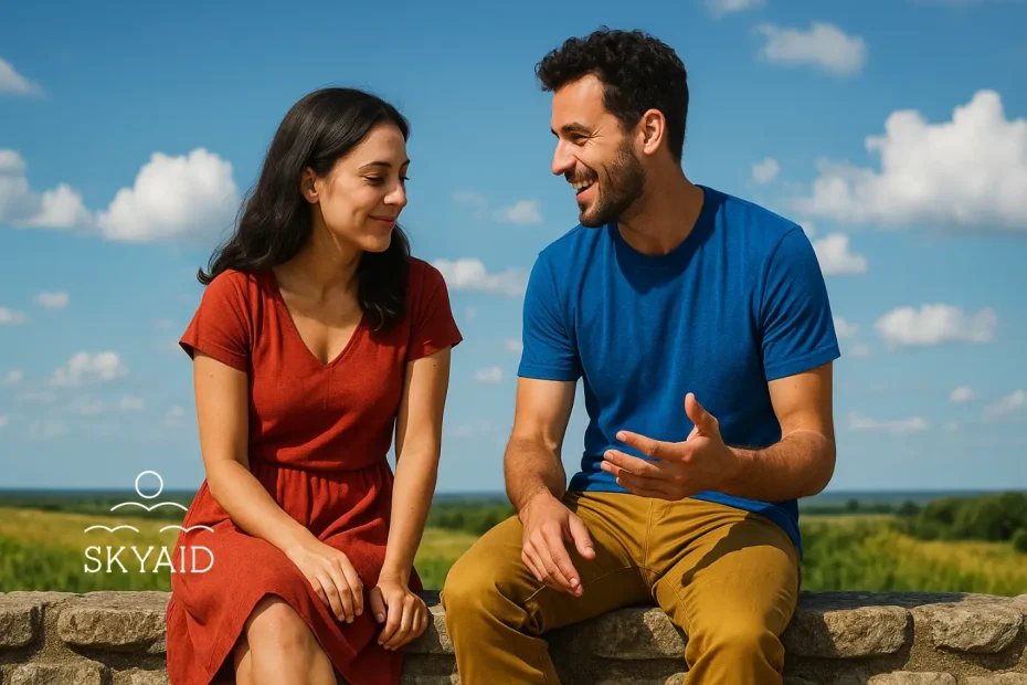 Pareja conversando desde la conexión interior reflejando cómo dar y pedir en el amor sostiene un vínculo sencillo y auténtico