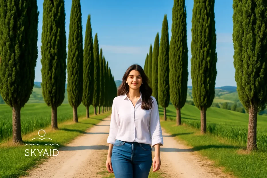 Mujer caminando entre cipreses en un paisaje natural, símbolo de frases de vida espiritual y presencia consciente en el día a día